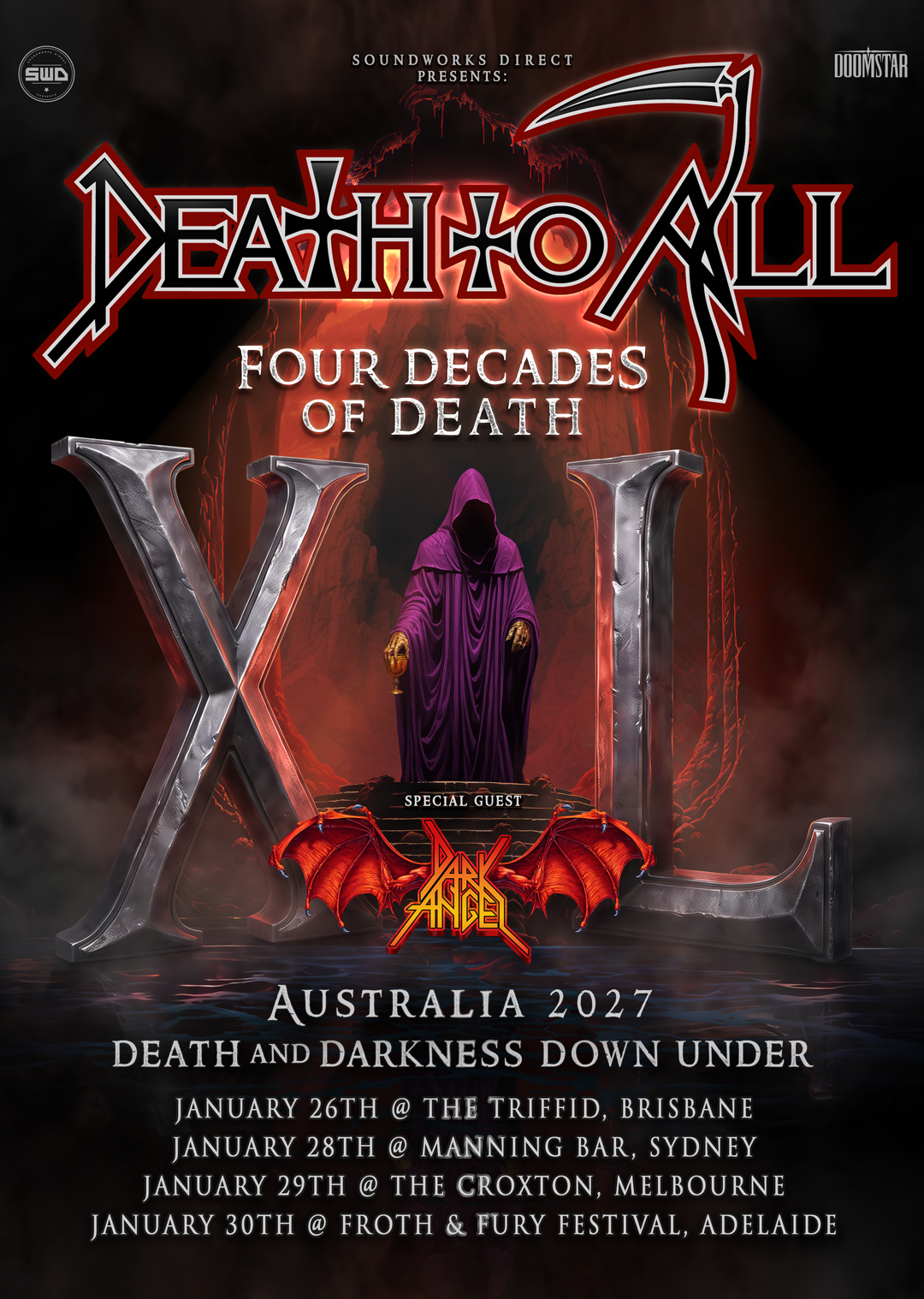 Death To All Australia 2027 tour poster with special guest Dark Angel, featuring a hooded figure and January concert dates in Brisbane, Sydney, Melbourne, Adelaide.